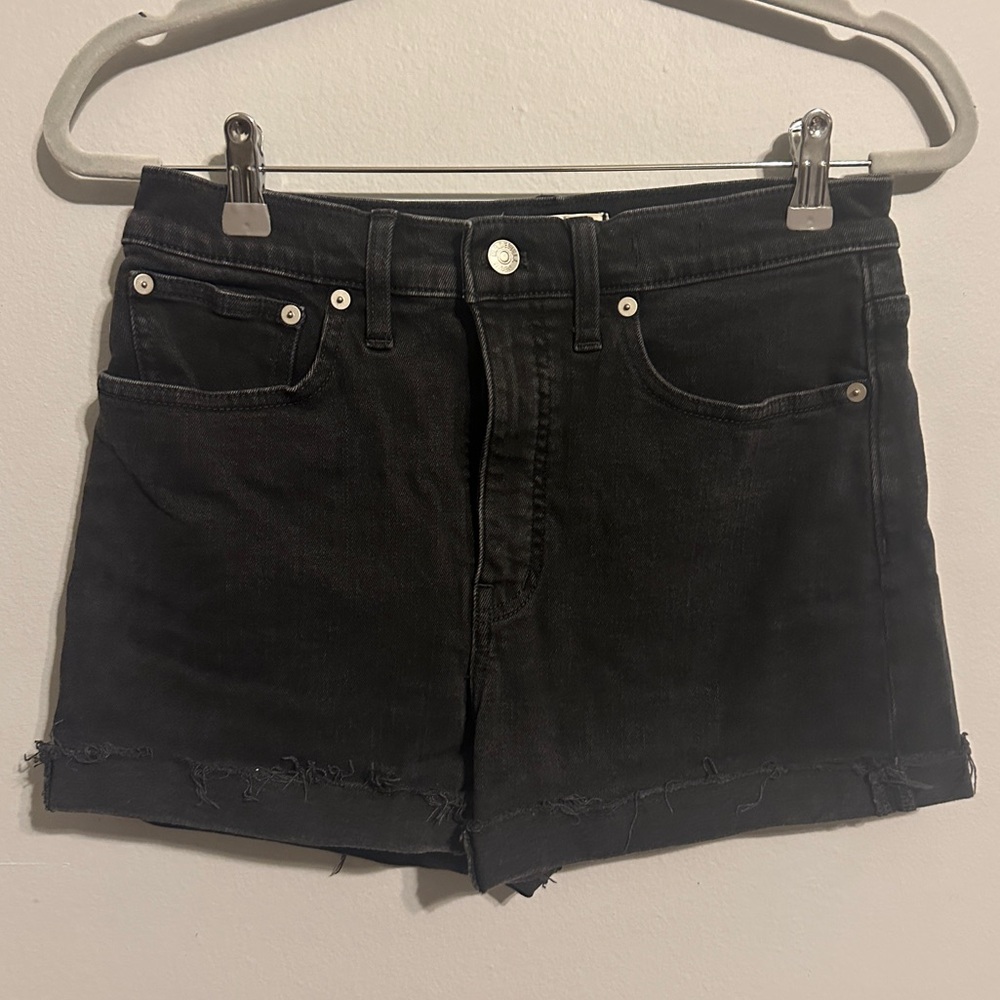 Madewell black denim high rise shorts with raw edge size 27